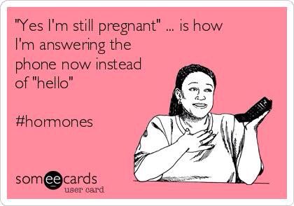 a woman holding a cell phone with the caption'yes i'm still pregnant is how i'm answering the phone now instead of hello