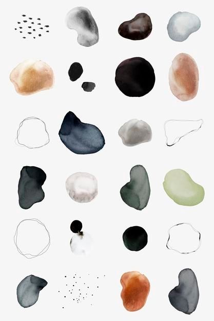 an image of different shapes and colors in watercolor on white paper with black ink