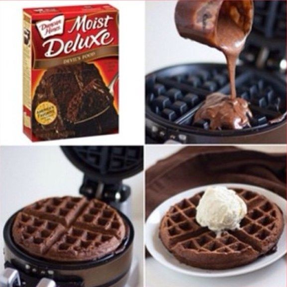 chocolate waffles and ice cream being drizzled on top of them