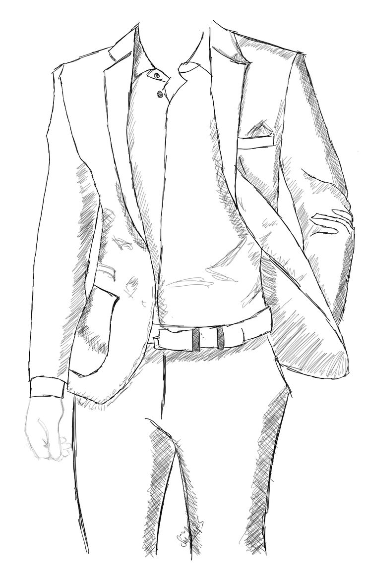 a black and white drawing of a man's jacket, shirt and pants with his hands in his pockets