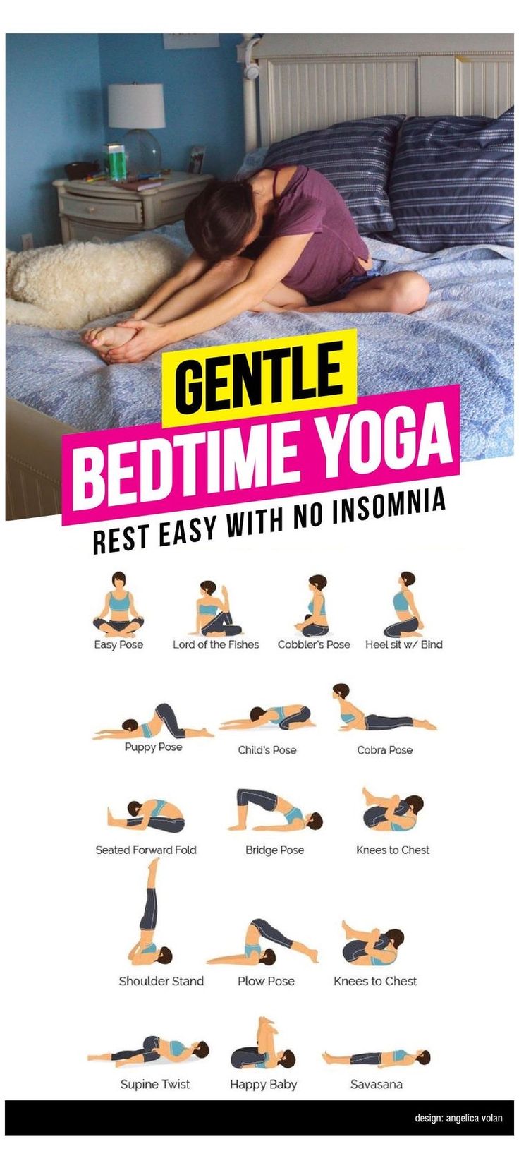 a woman doing yoga poses on her bed with the words gentle bedtime yoga rest easy with no insomnia