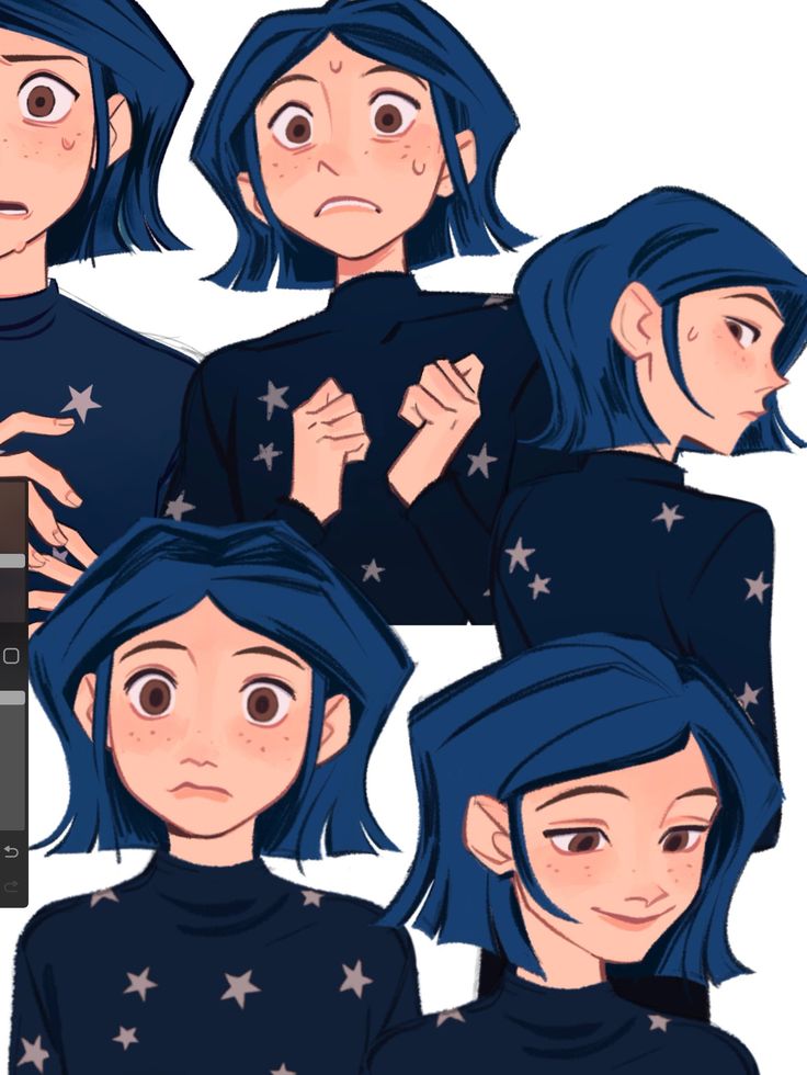 an animated girl with blue hair and stars on her shirt