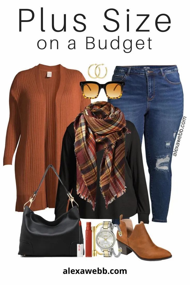 Sep 1, 2020 - Two plus size budget outfits with a rust cardigan and plaid blanket scarf. One with jeans and the other with a t-shirt dress. Plus Size On A Budget, Plus-koon Muoti, Party Outfit Plus Size, Rust Cardigan, Alexa Webb, Plus Size Winter Outfits, Budget Outfits, Plus Size Fall Fashion, Plus Size Fall Outfit