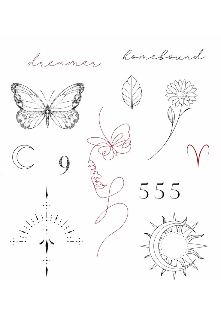 a drawing of different types of tattoos on a white background with the words dream, love, and sun