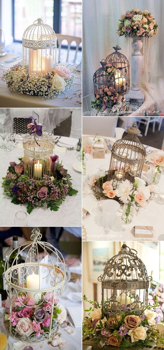 four different pictures of bird cages with flowers and candles in them, one is filled with roses