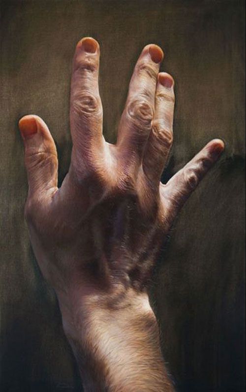 a painting of a hand reaching up towards the sky with its fingers spread wide open