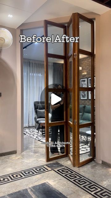 a person standing in front of a glass door with the words before and after written on it