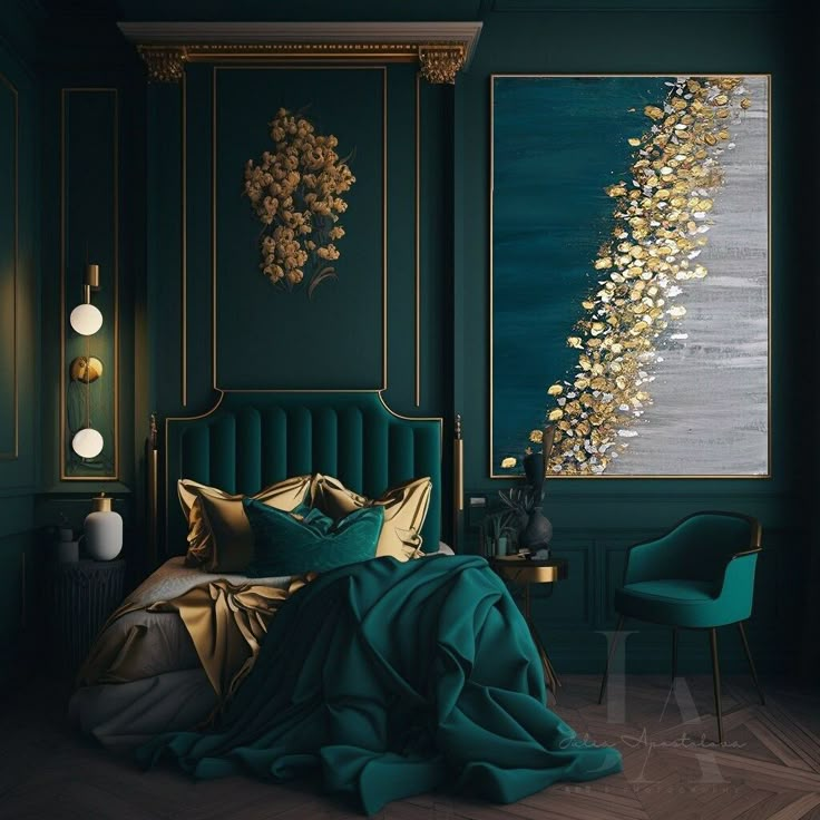 a bedroom with green walls, gold accents and a large painting hanging on the wall