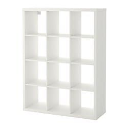 a white bookcase with six cubes on the front and four shelves below it