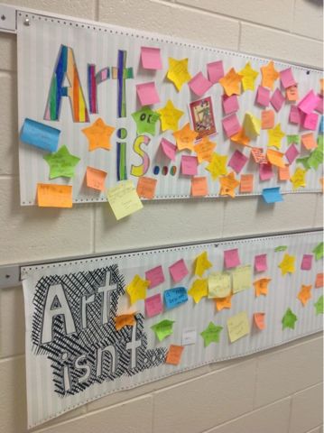 two bulletin boards with post - it notes attached to them, one has the word art talk written on it