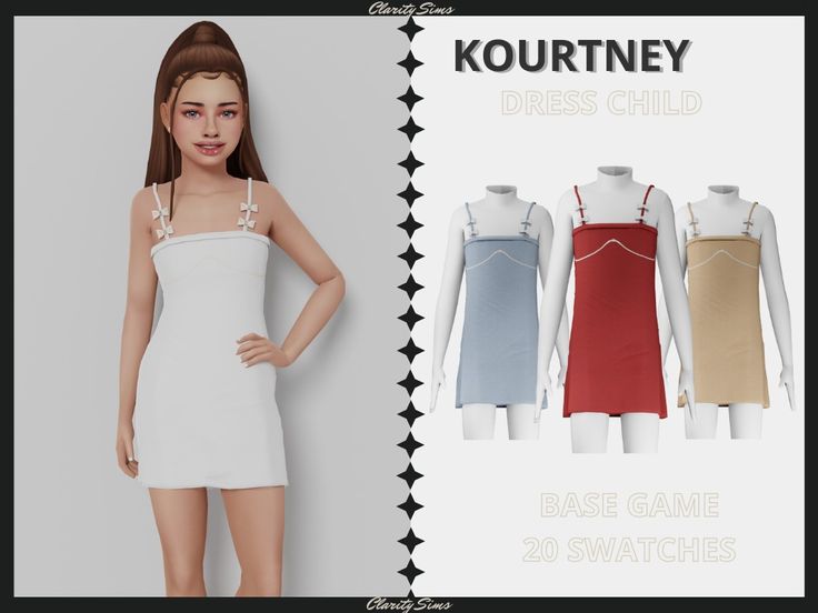 an image of a woman in white dress with four different dresses on her chest and the words kourtney below it