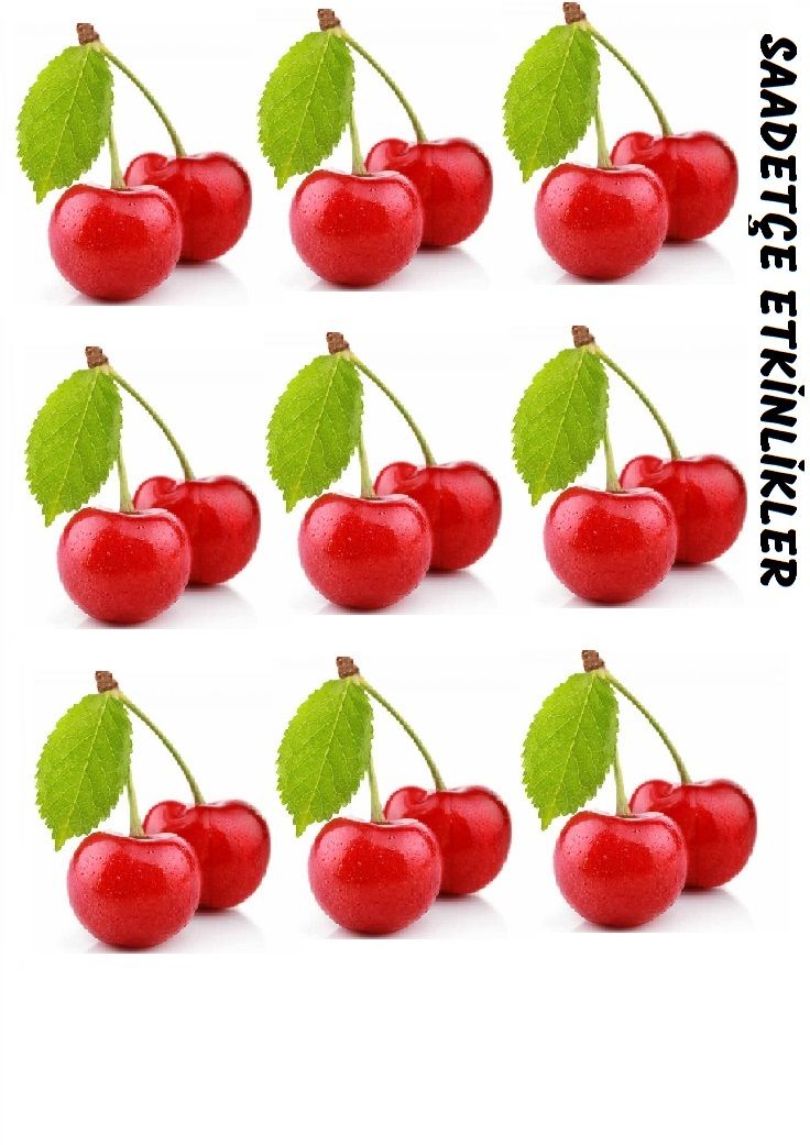 six cherries with green leaves are shown in different positions on the white background, each one has its own name