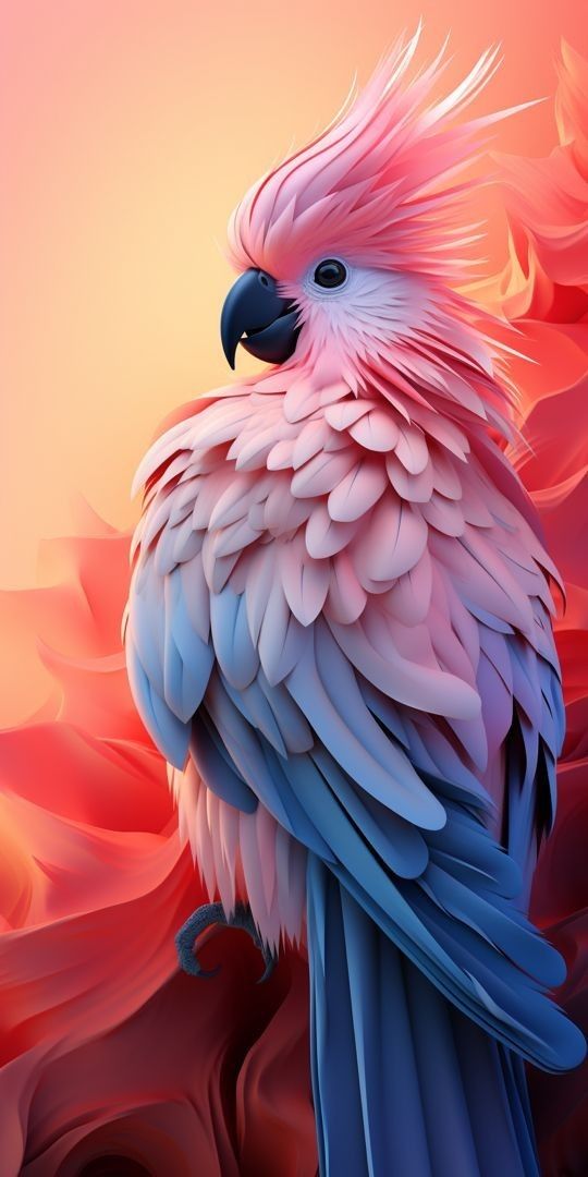 a pink and blue bird sitting on top of a red flowered background with an orange sky in the background