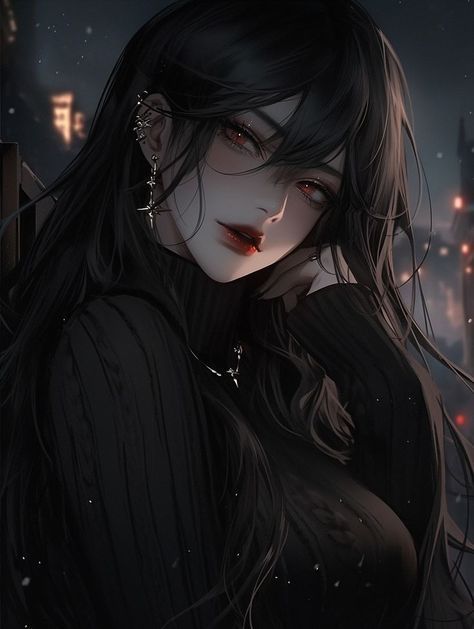 a woman with long hair and piercings standing in front of a cityscape