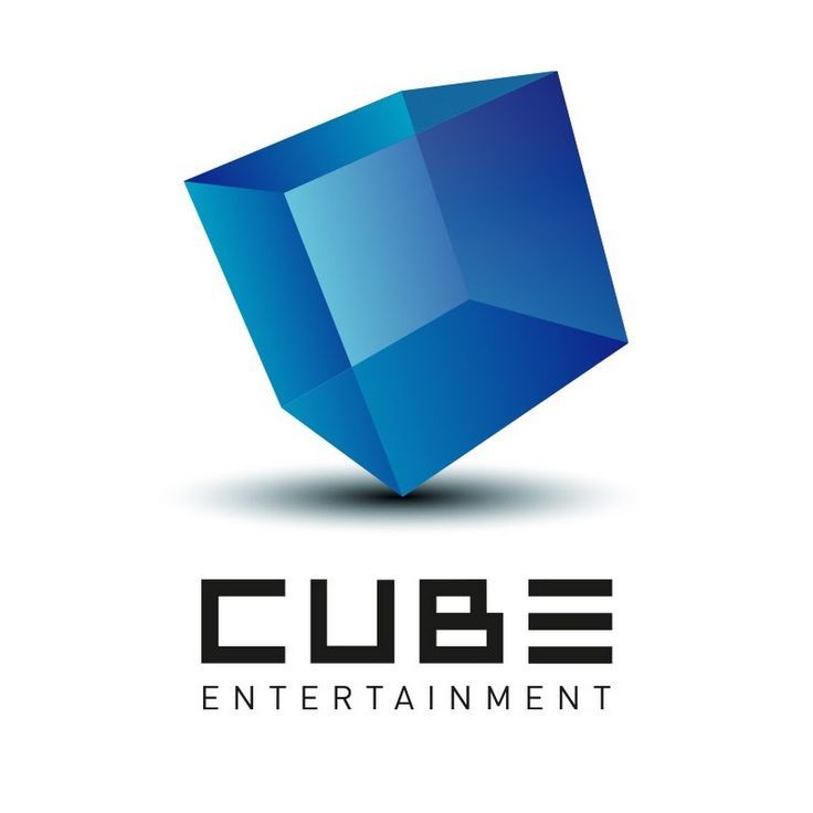 the cube entertainment logo is blue and has black letters that read,'cube entertainment '