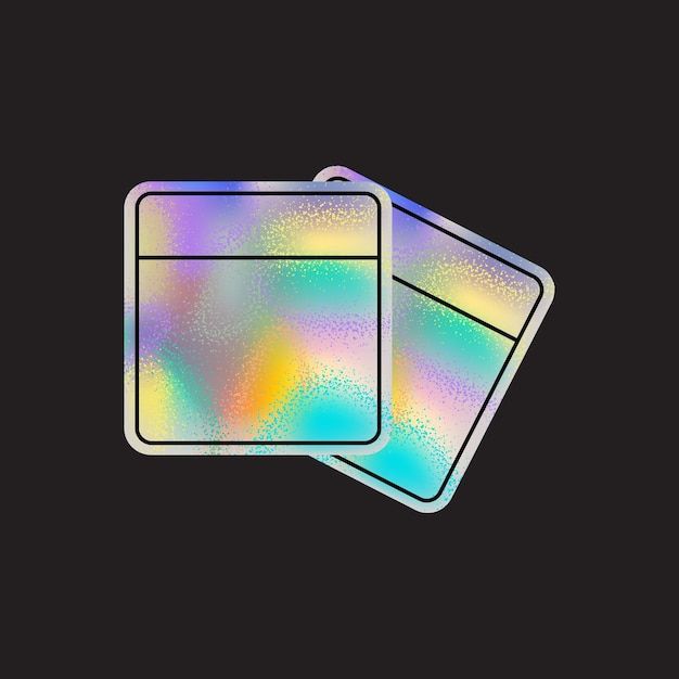 two square stickers with an iridescent pattern on them, one is white and the other is blue