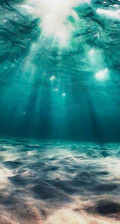 an underwater view of the ocean with sunlight shining through the water's bubbles and sand