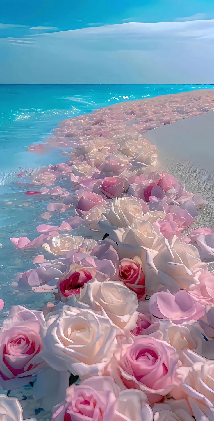 pink and white roses are lined up along the beach line, with blue water in the background