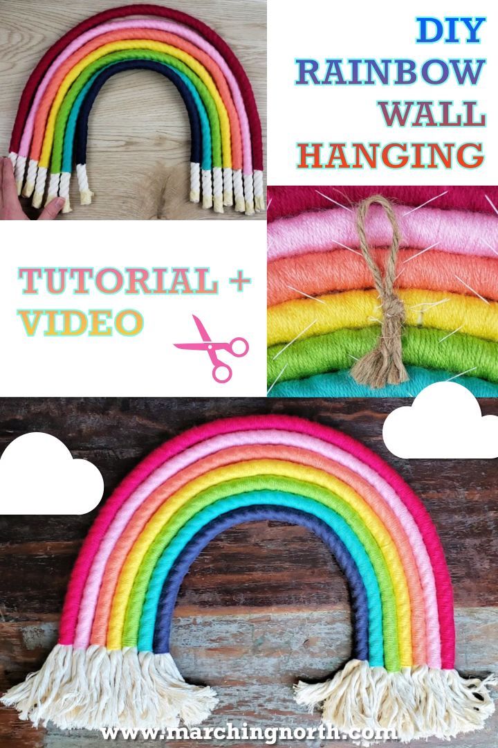 the rainbow wall hanging is made with yarn and tassels, which are used to decorate