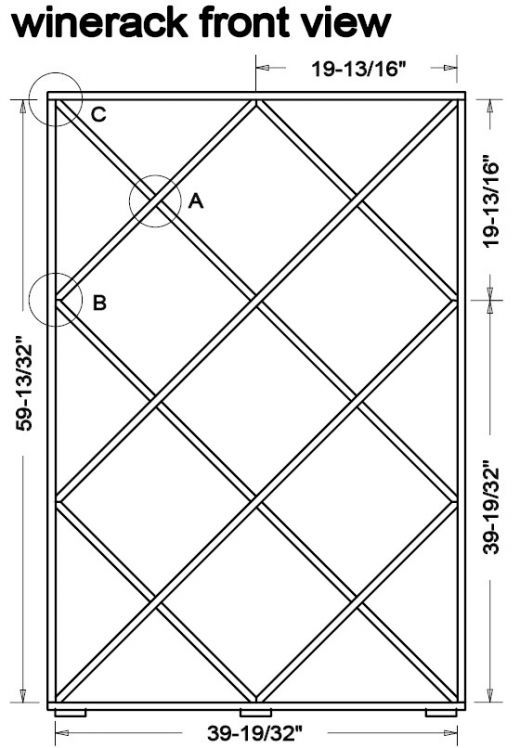 a drawing of the front view of a wine rack with measurements for each side and top