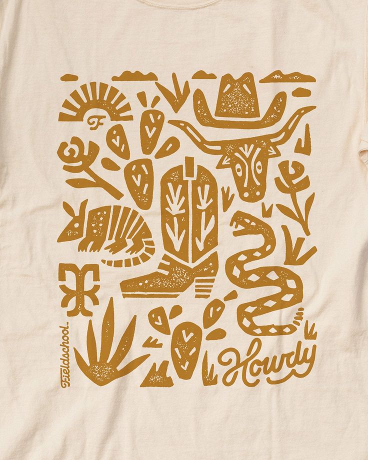 We wanted to design a shirt to represent our home state, and in our opinion, we did a great job! Snakes, cacti, armadillo, and even a little Howdy in the corner! To be completely honest, the snakes aren’t our favorite, but they do look good on a shirt. Made for everybody Vintage-washed and garment-dyed for a retro look and heavy feel 100% ring-spun heavy cotton for a super soft, comfortable feel that's gentle on skin No-shrink comfort and double-needle stitching for a dependable fit and lasting quality Classic crew style with a ribbed, lay-flat collar and shoulder-to-shoulder taping Made with quality cotton sourced from American farms Constructed by Hanes Comfort Wash. Nature T Shirt Design, Modern Merch Design, 70s Inspired Design, Cactus Graphic Design, Graphic Shirt Design Illustrations, Western Phrases, Merch Ideas Design, Simple Tshirt Design Ideas, Retro T Shirt Designs