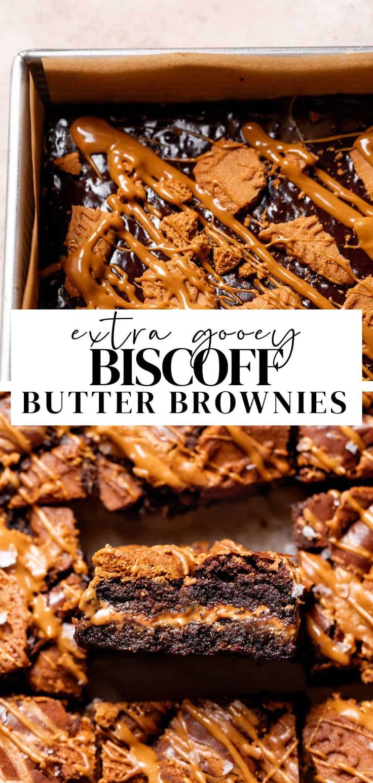 chocolate brownies in a box with caramel drizzle on top and text overlay