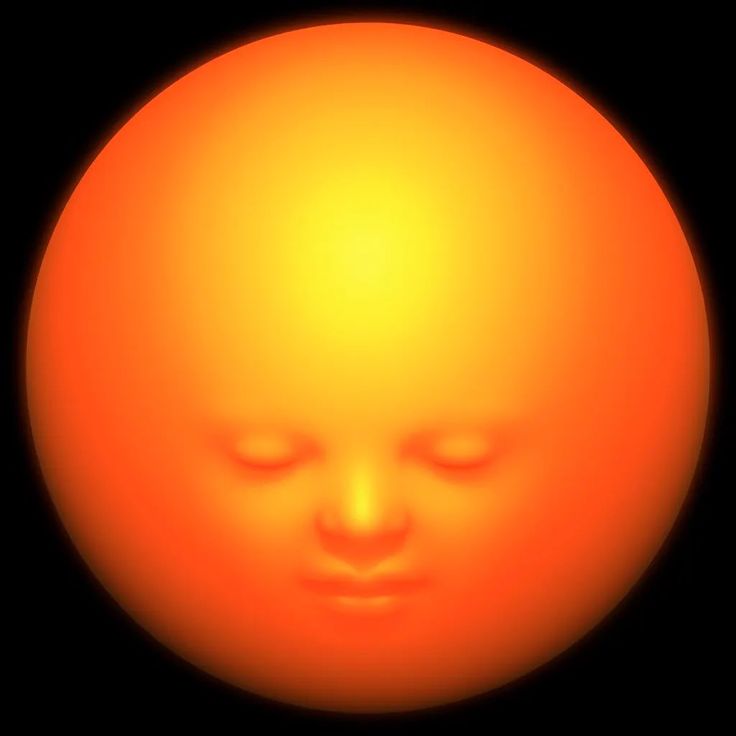 an orange sun with its eyes closed in front of a black background and the face of a child's head