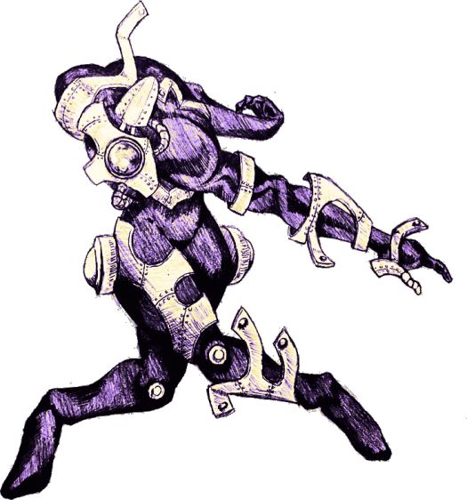 a drawing of a person in purple and white with an arm outstretched, holding two hands out