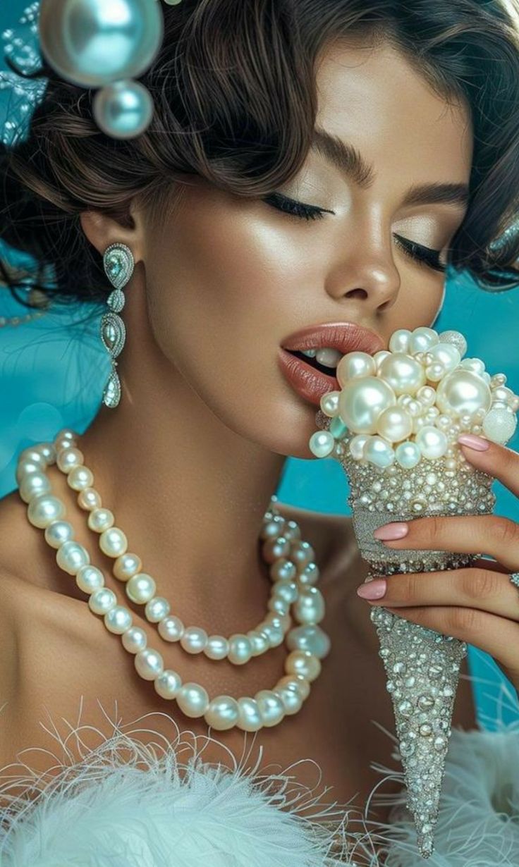 a woman with pearls and jewelry on her head is holding an ice cream cone in front of her face