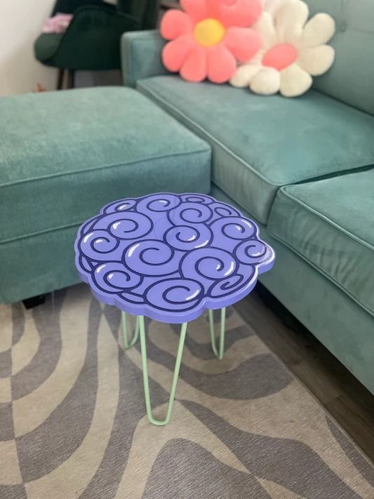 a blue table sitting in front of a green couch