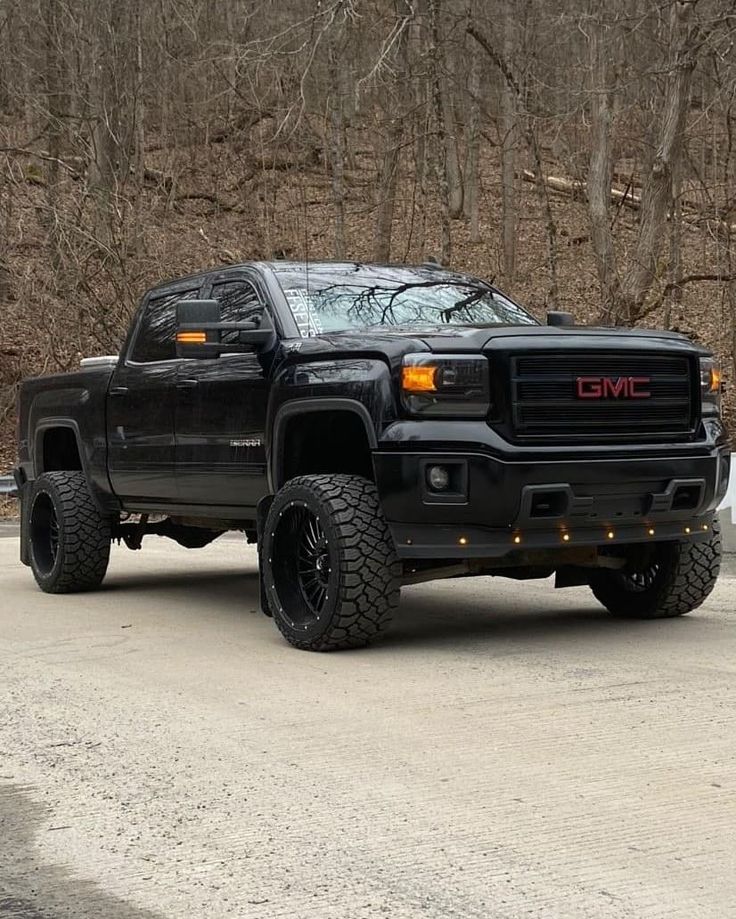 a black truck is parked in front of some trees