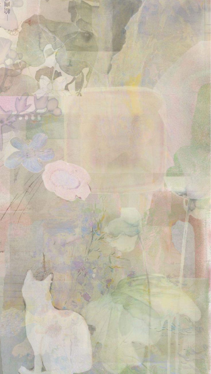 an abstract painting with cats and flowers on the bottom right hand corner, in pastel tones