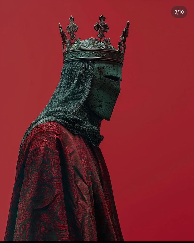 a person wearing a crown and cloak with a red background