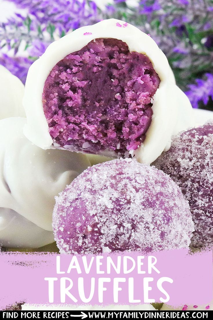 lavender truffles on a plate with purple flowers in the background and text overlay that reads, lavender truffles