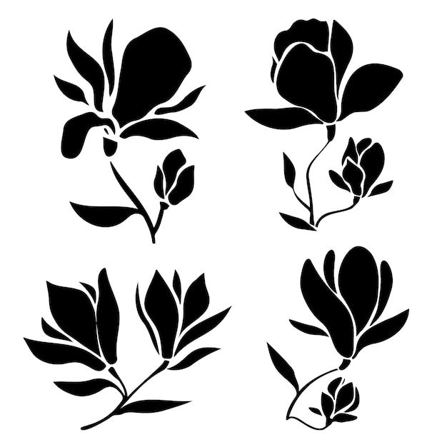 four black and white silhouettes of flowers on a white background, each with leaves