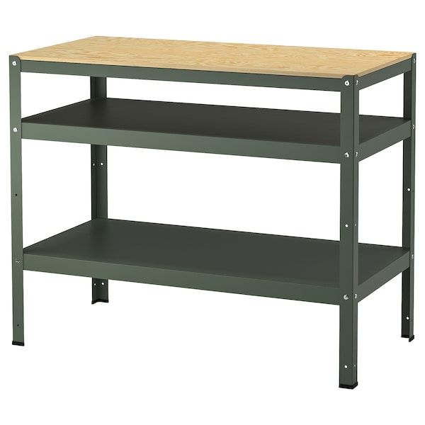 a metal shelf with two shelves on each side and one shelf below the shelf has a wooden top