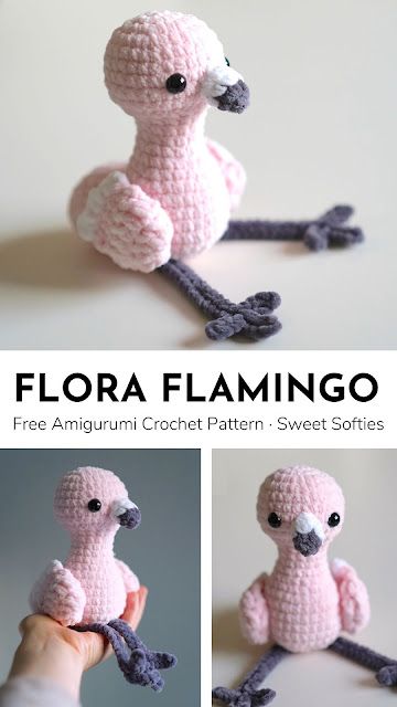 there is a crocheted pink bird sitting on the ground with its legs spread out