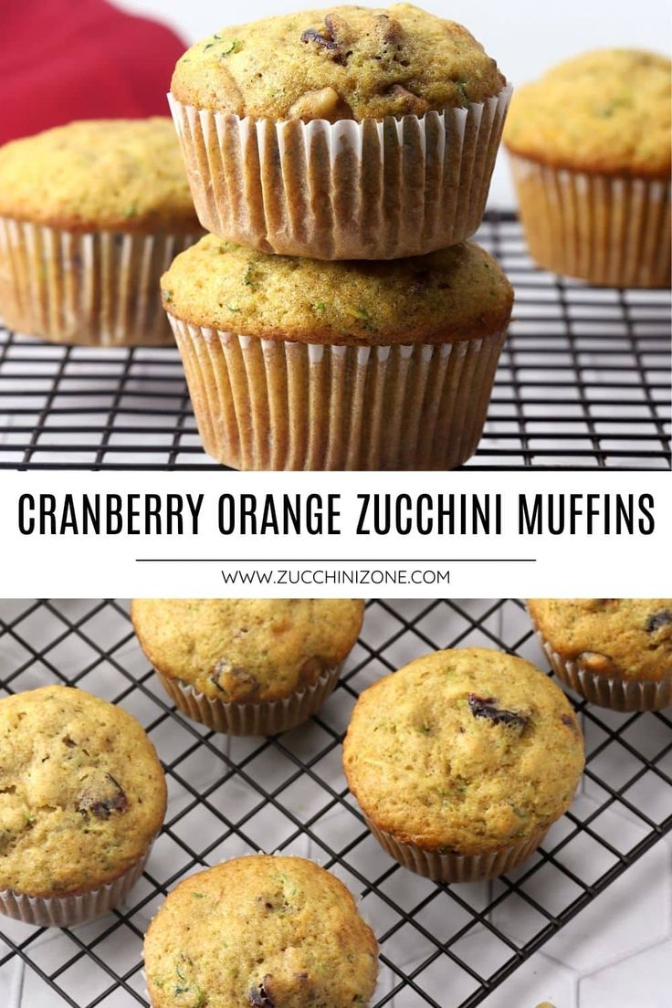 orange zucchini muffins stacked on top of each other with text overlay