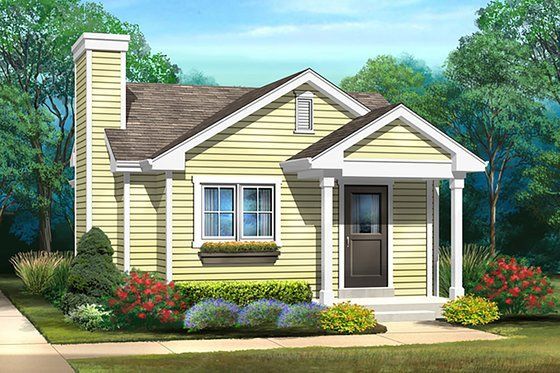 this is a colored rendering of a small house with porches and flowers in the front yard