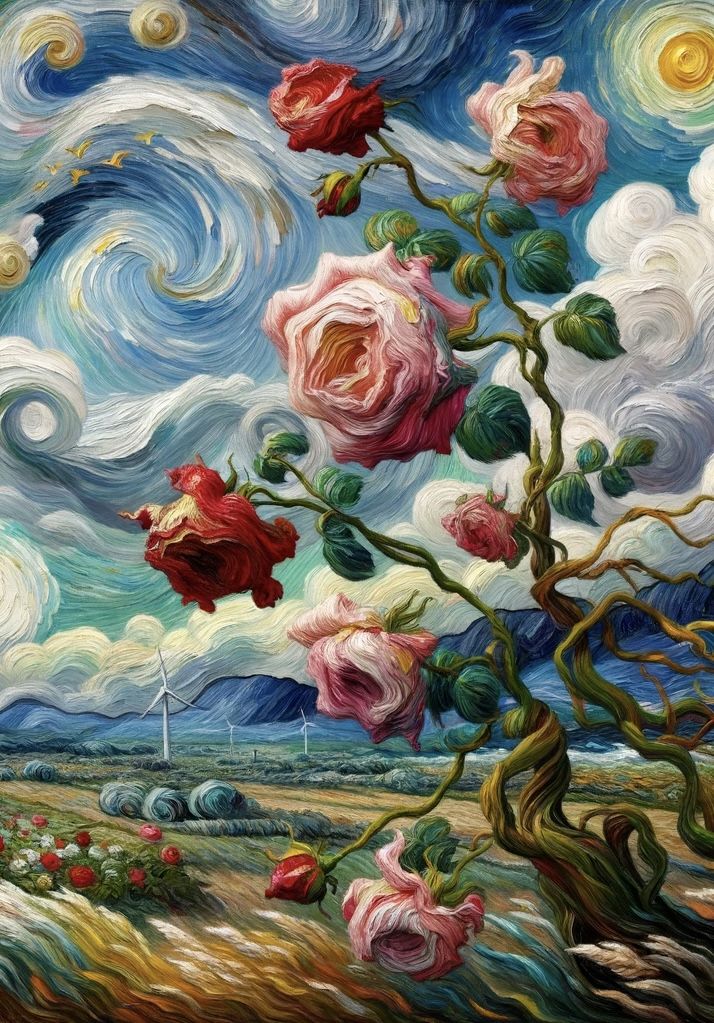 an oil painting of roses in the sky