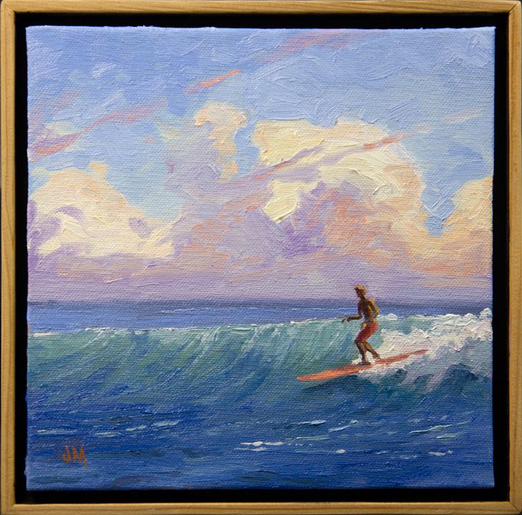 a painting of a man surfing on a wave in the ocean with clouds above him