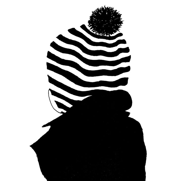 a black and white silhouette of a person wearing a striped hat with a pom - pom