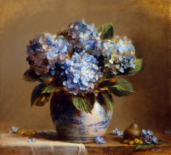 a painting of blue flowers in a vase