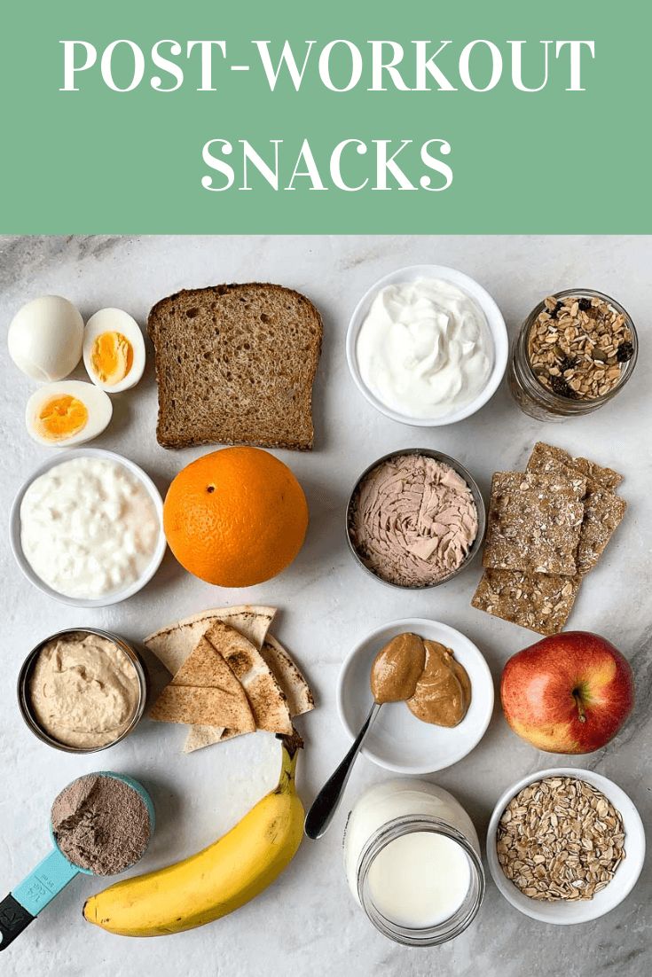 an assortment of breakfast foods on a table with the words post - workout snacks above it