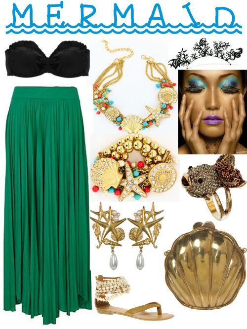 a woman wearing a green skirt and black top with accessories on her head, including necklaces