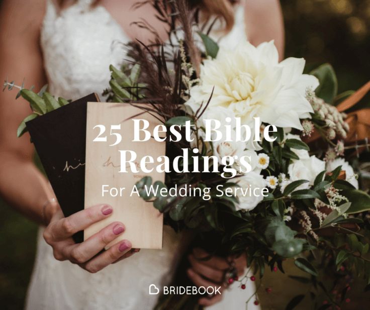 a bride holding her bouquet and book with the title 25 best bible readings for a wedding service