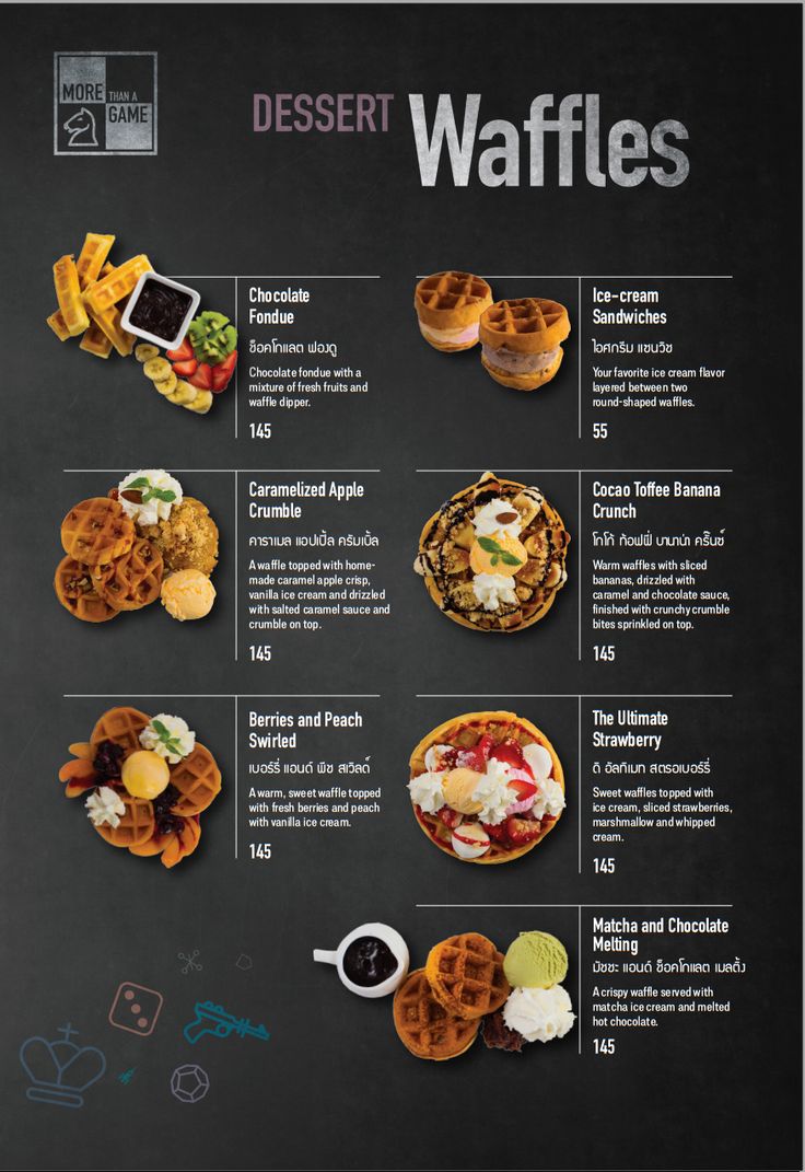 a menu with different types of waffles and other food items on the side