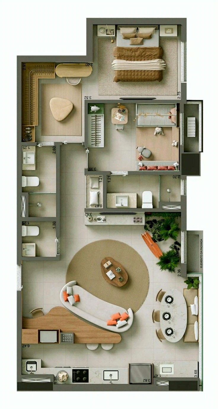 an overhead view of a living room and bedroom in a house with the floor plan