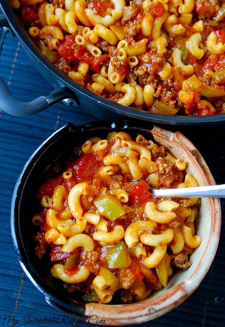 two pans filled with chili macaroni and cheese