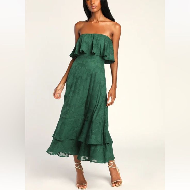 Reposhing This Item I Purchased From @Layneeshea. Loved It, But Too Small On Me. Brand New With Tags! Strapless Floral Dress, Green Maxi, Strapless Midi Dress, Adhesive Bra, Green Prom Dress, Green Floral Dress, Straight Neckline, Green Midi Dress, Maxi Dress Green